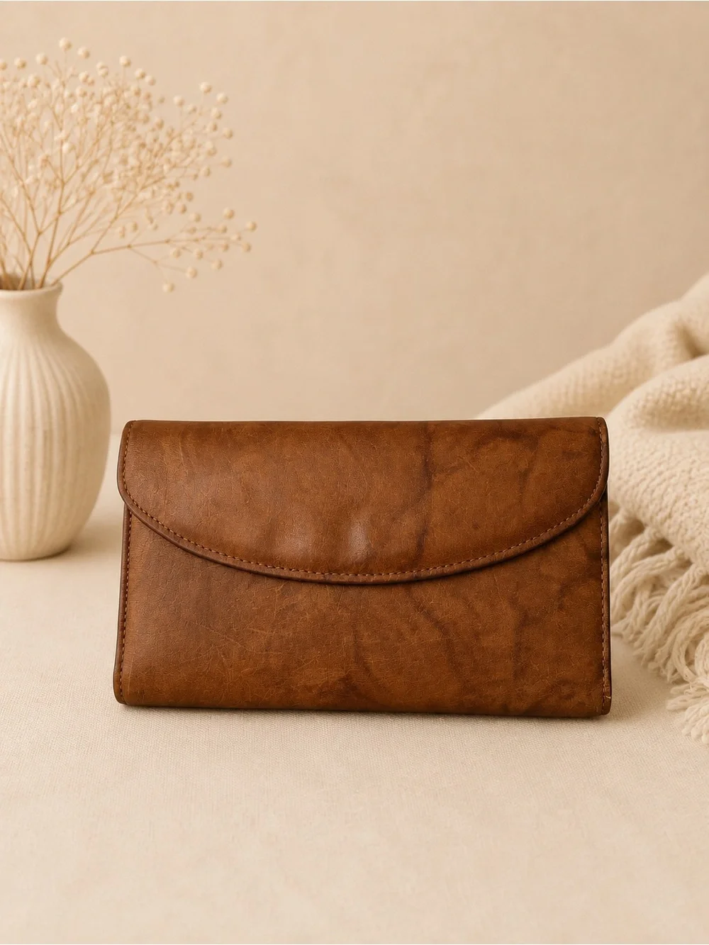 Vintage Genuine Leather Trifold Checkbook Wallet Organizer Brown Unbranded